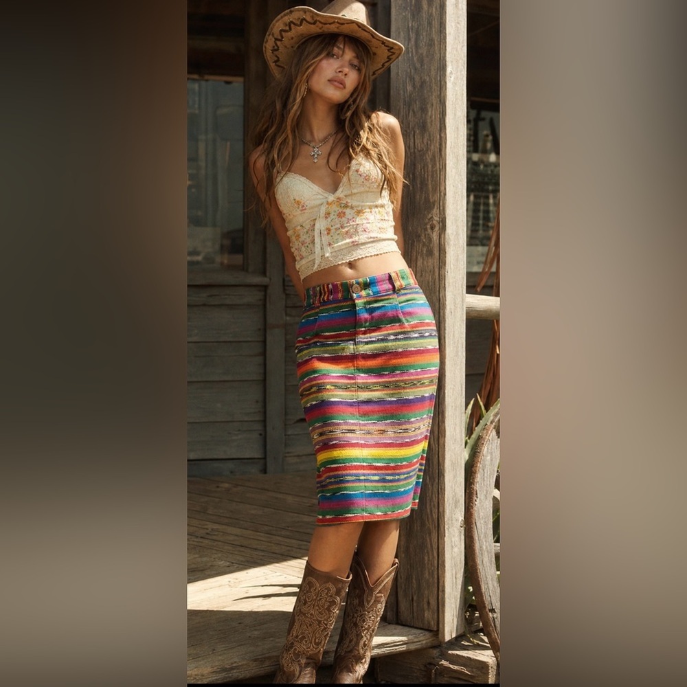 Vtg Central Falls Serape Striped Midi Skirt Boho Southwestern Cowgirl Size 8 - Picture 2 of 14